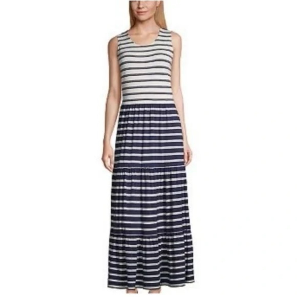 Coastal Nautical Sleeveless Striped Tiered Maxi Dress NWT Lands End